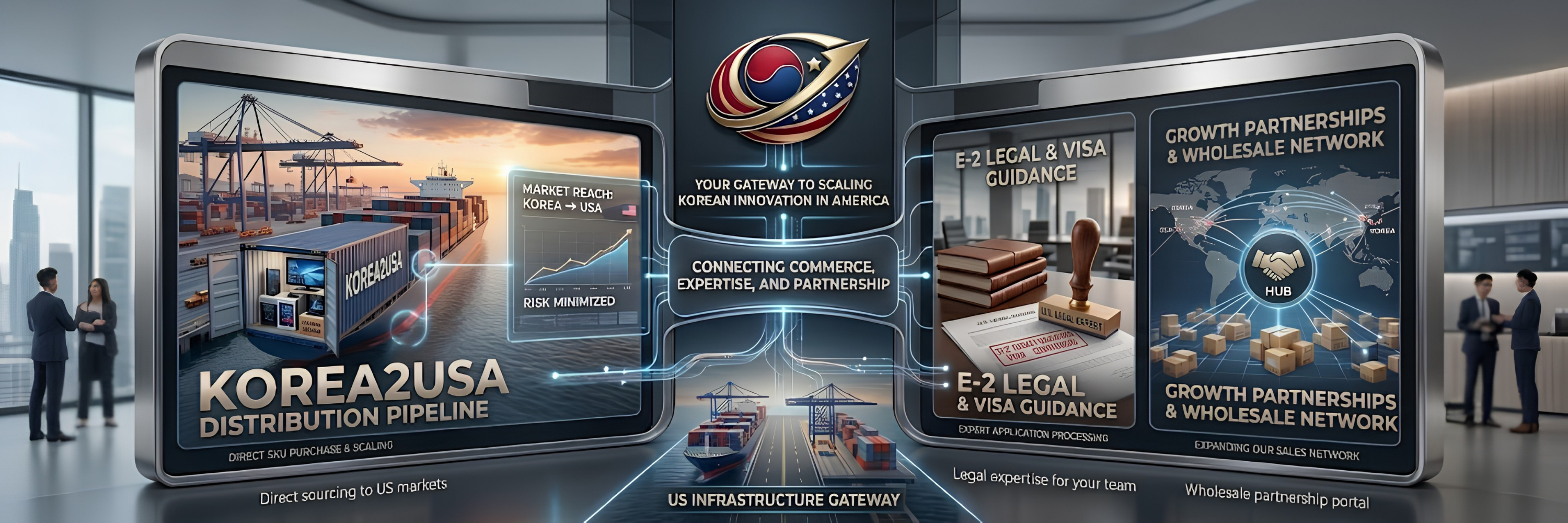 A promotional digital banner for KOREA2USA Distribution Pipeline, featuring three large vertical panels with shipping container logistics, legal guidance, and growth partnership graphics, set against a modern office interior with blurred people in the background.